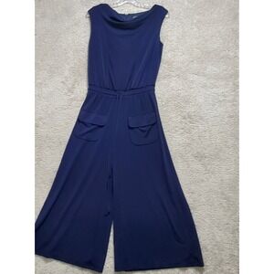 Vince Camuto Jumpsuit Women's XS Navy Blue Cowl Neck Tie Front Wide Leg Palazzo